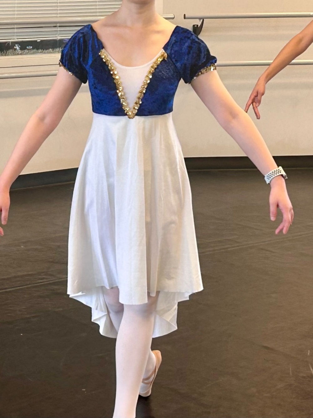 Luxe White/Blue Velvet Embellished Ballet Dress – Longer Skirt Length in Back S